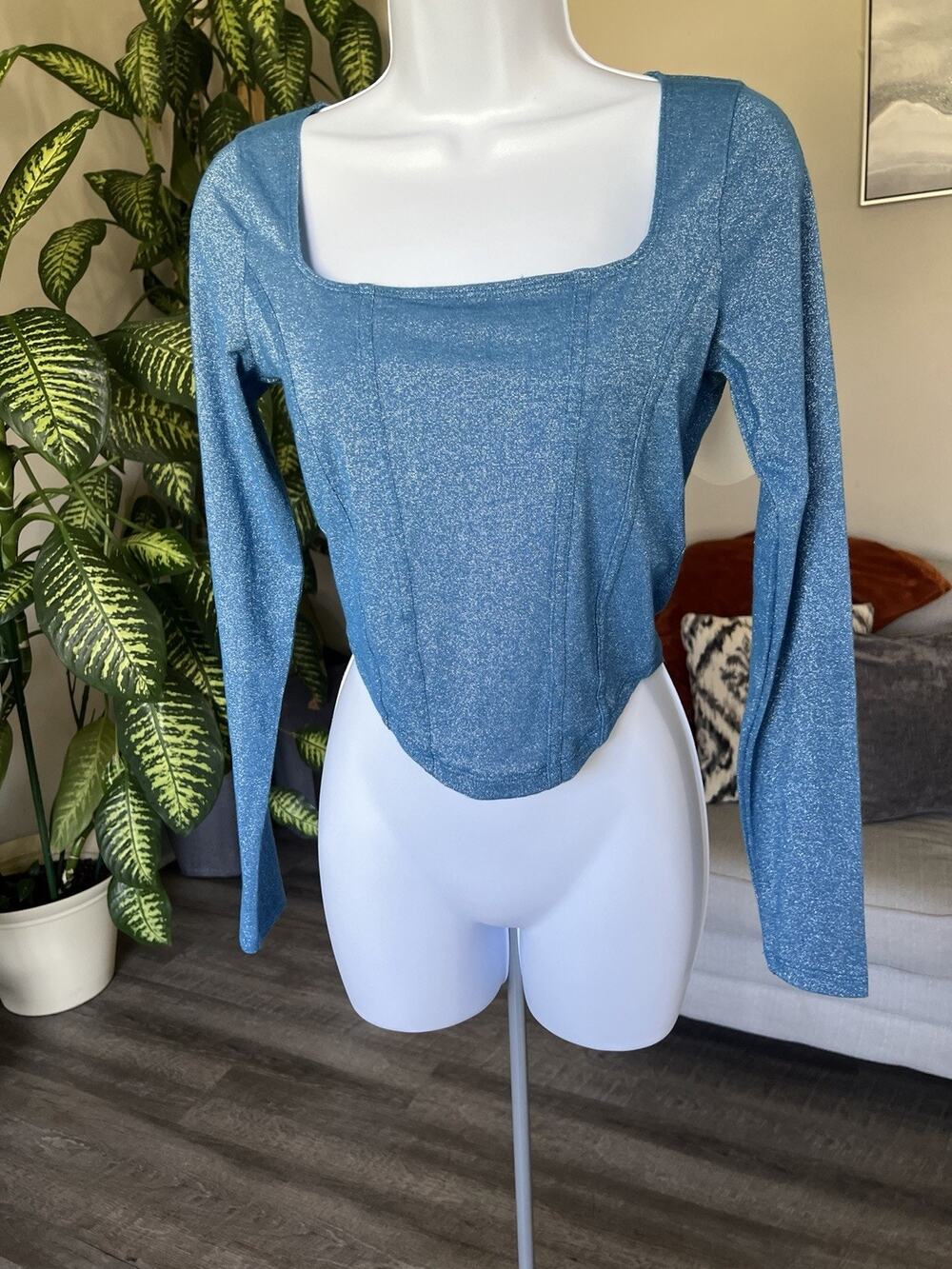 Hollister Blue Metallic Shimmer Long Sleeve Corset Top Square Neck Size M #1027